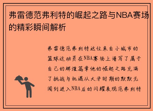 弗雷德范弗利特的崛起之路与NBA赛场的精彩瞬间解析
