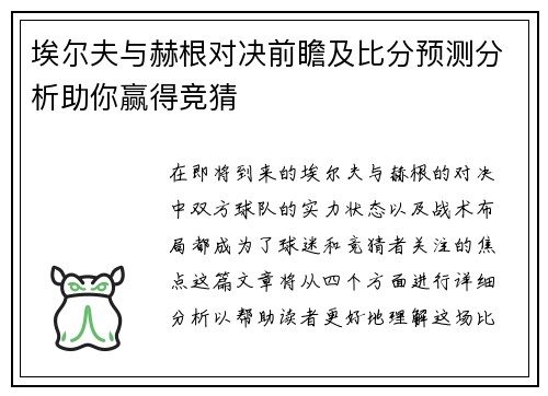 埃尔夫与赫根对决前瞻及比分预测分析助你赢得竞猜